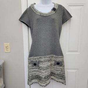 Freeway Gray Cap Sleeve Drop Waist Knit Sweater Dress Cable Knit Trim Large